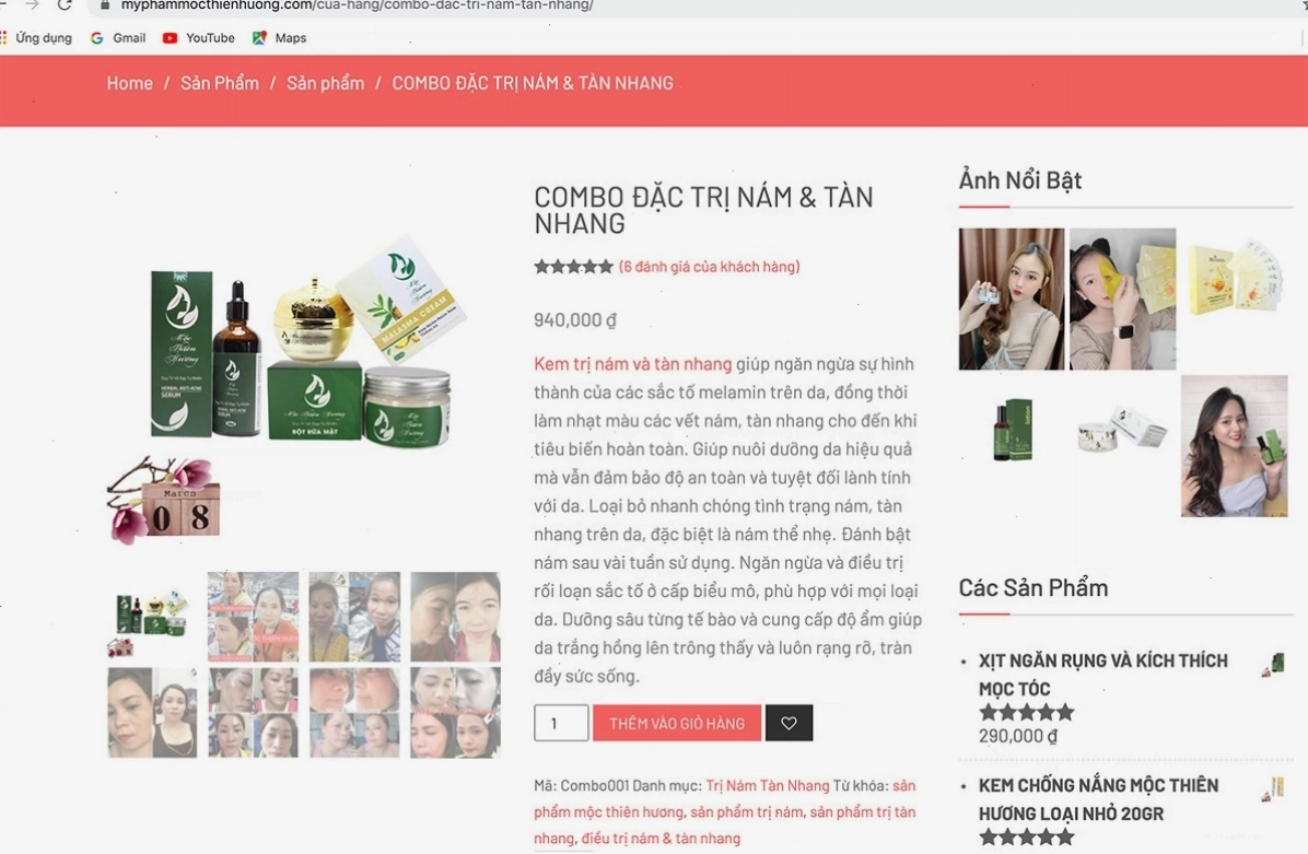 Ảnh chụp màn hình quảng cáo sản phẩm Mộc Thiên Hương với công dụng như thuốc