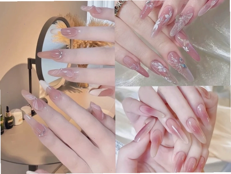 Mẫu nail cô dâu màu hồng pastel cho móng dài thêm phần quyến rũ