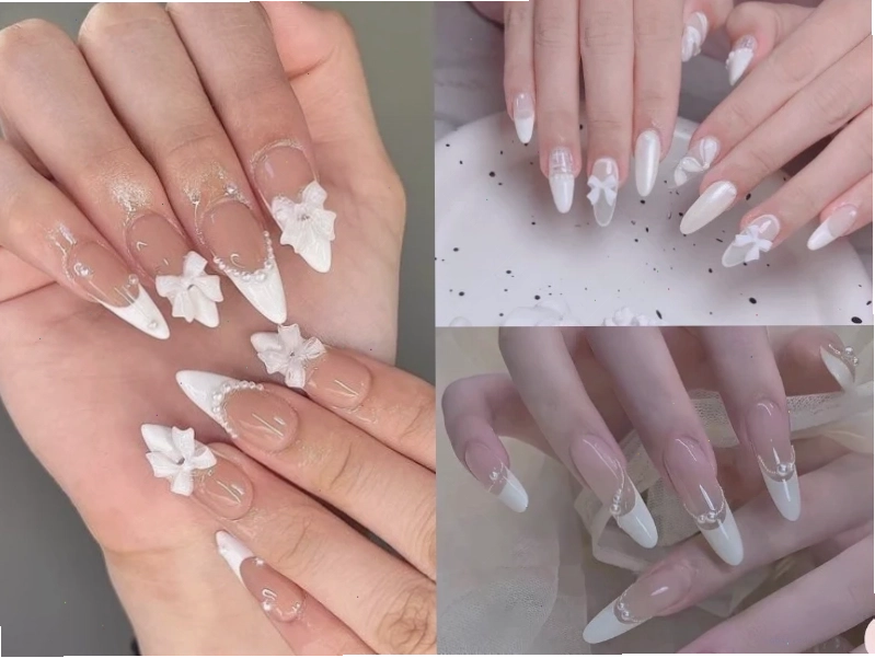 Mẫu nail cô dâu màu trắng nổi bật với các chi tiết lấp lánh