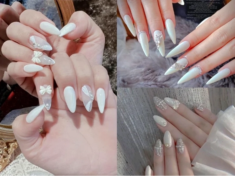 Mẫu nail cô dâu màu trắng thanh lịch với họa tiết trang trí nhẹ nhàng