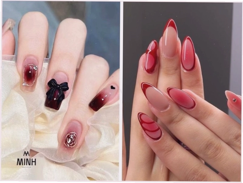 Nail ombre đỏ quyến rũ với hiệu ứng mắt mèo tinh tế